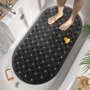 Ovale Badmat 68×38 cm – Antislip Douchemat met Zuignappen – Zachte Badkamermat met Afvoergaten – Zwart, Wasmachinebestendig