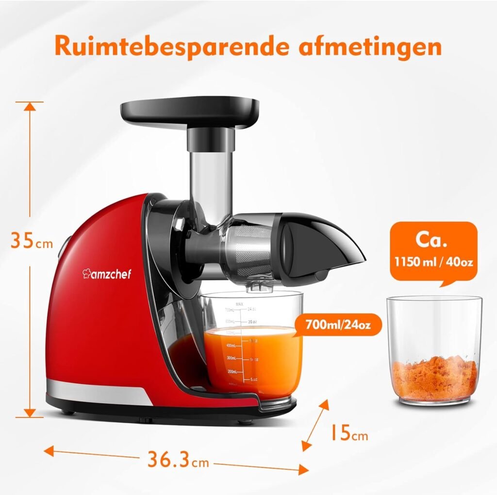 Slow juicer rood voor koud persen van fruit en groenten met 2 bekers en borstel