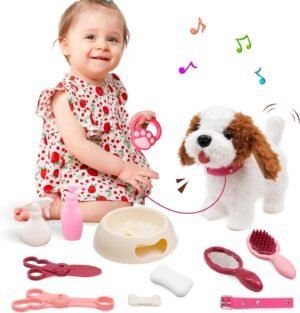 Interactieve elektronische speelgoed hond voor kinderen met bewegende puppy, leash en staart in donkerbruin