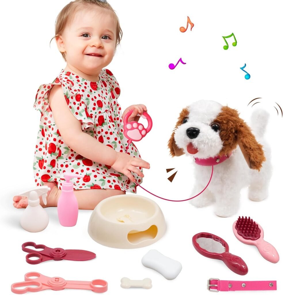 Interactieve elektronische speelgoed hond voor kinderen met bewegende puppy, leash en staart in donkerbruin