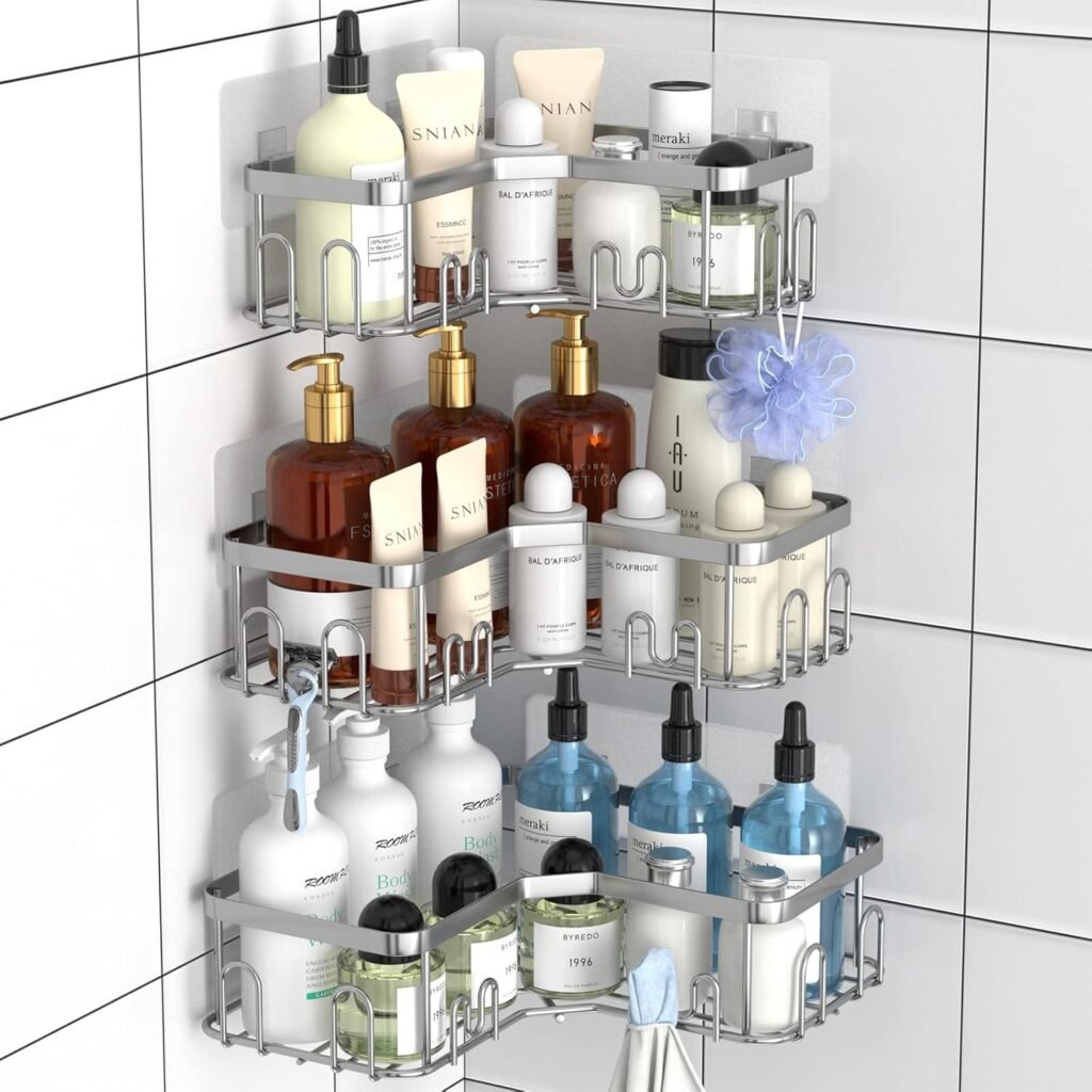 3 Pack hoek douche caddy RVS zelfklevende doucheplank met 18 haken voor badkameropslag zilver