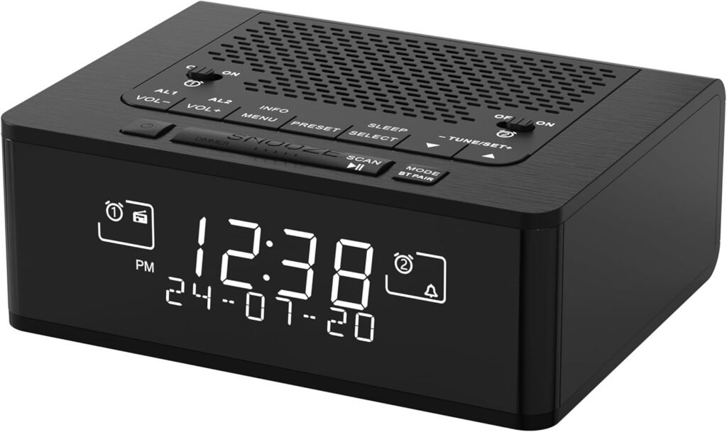 DAB FM wekkerradio alarmklok met Bluetooth en dubbel alarm dimbaar LCD scherm tafelradio met snooze en 40 zenders