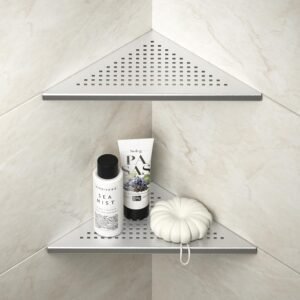 Hoekige Doucheplank Set RVS – Badkamer Rek met Roosterontwerp – Wandplank voor Tegelwanden – Geborsteld 304 Roestvrij Staal, Set van 2
