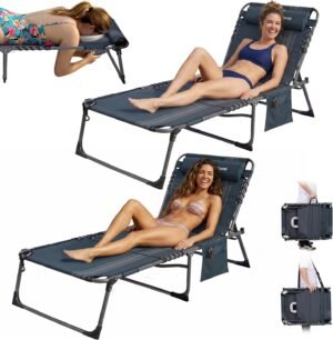 Opvouwbare zonnebedden set van 2 met verstelbare rugleuning en draagband voor tuin en camping 190x60 cm
