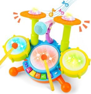 Interactieve Muziek Speeltafel voor Kinderen – Drumstel Speelset met Drumstokken en Microfoon – Educatief Muziekspeelgoed met Licht- en Geluidsfuncties voor Peuters en Baby’s