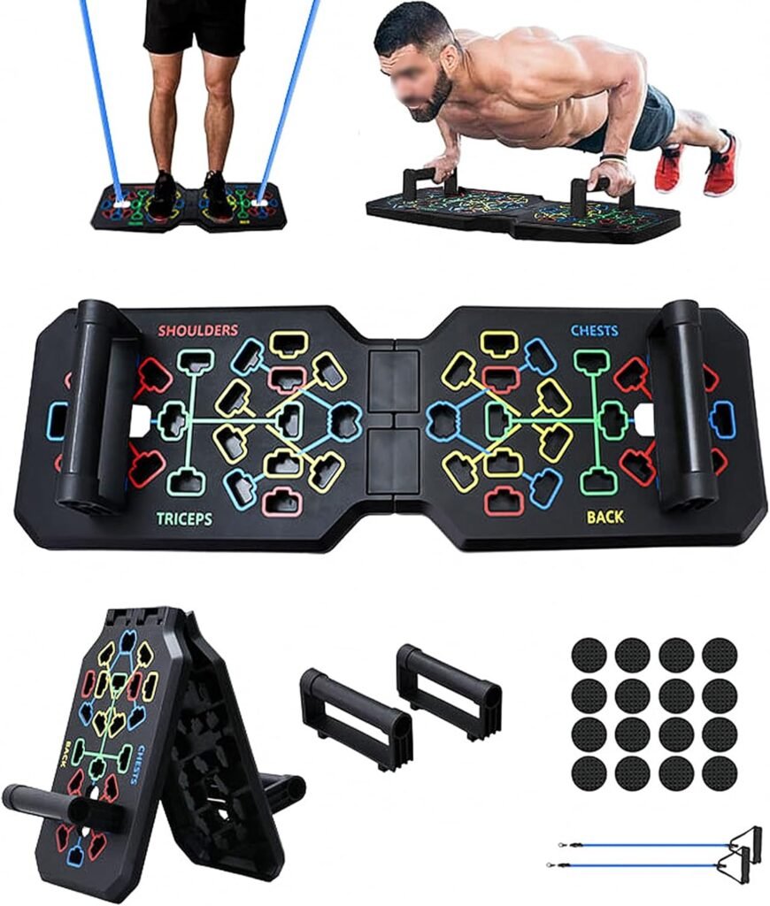 Opvouwbaar push up board met handgrepen en weerstandsband voor borst, schouders, rug en armen training thuis en gym.