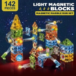 Magnetisch Speelgoed 142 Onderdelen – Magnetische Bouwblokken met Knikkerbaan – Educatief Montessori STEM Speelgoed voor Kinderen 3-10 Jaar – Lichtgevende Magna Tegels