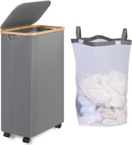 Wasmand Met Wielen 75L – Smalle Wasmand Met Deksel – Uitneembare Waszak Voor Kleding En Handdoeken – Grijs Opbergmand