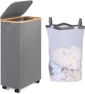 Wasmand met wielen 75L met deksel en uitneembare wasbare binnenzak voor kleding en handdoeken in grijs