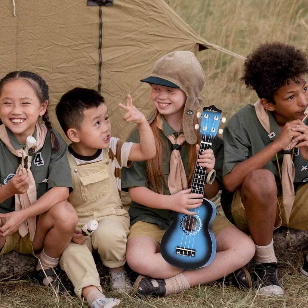 Blauwe sopraan ukulele set voor kinderen en beginners met draagtas, tuner en accessoires voor muziekles en oefenen