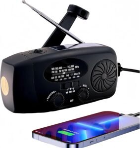 Noodradio met 5000 mAh Accu – Opwindbare Survivalradio met Zonnepaneel en AM/FM/NOAA Ontvanger – Zaklamp, SOS-Alarm en USB-Telefoonlader voor Camping & Outdoor