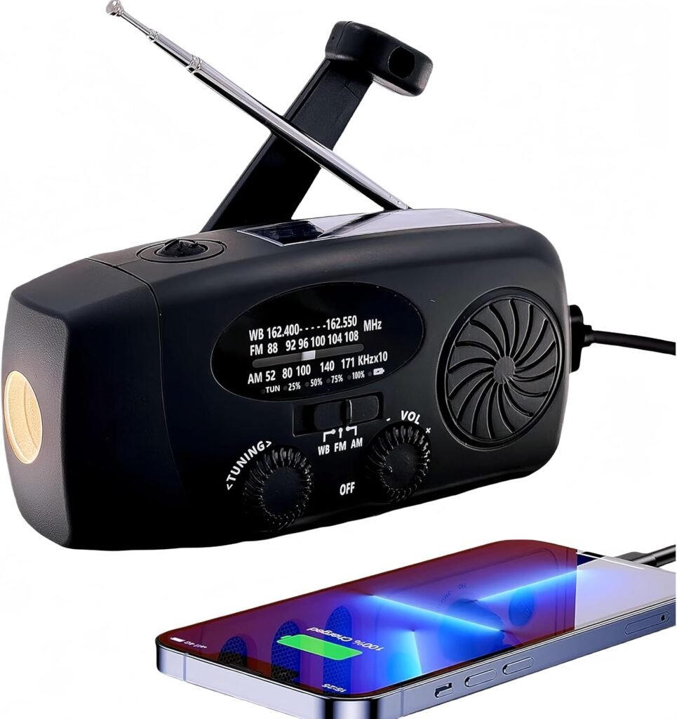 Noodradio met 5000 mAh accu, zonnepaneel, AM/FM/NOAA radio, zaklamp en USB-oplader voor camping en outdoor