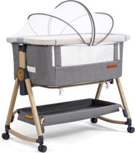 3-in-1 Baby Wieg – Co-Sleeper en Ledikant met Hoogteverstelling – Opvouwbaar Babybed met Matras en Wieltjes – Grijs