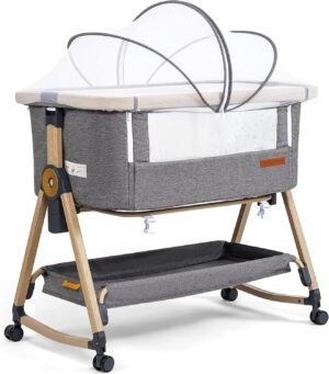 3-in-1 baby wieg grijs - Opvouwbare co-sleeper met verstelbare slaaphoogte, matras en geremde wieltjes