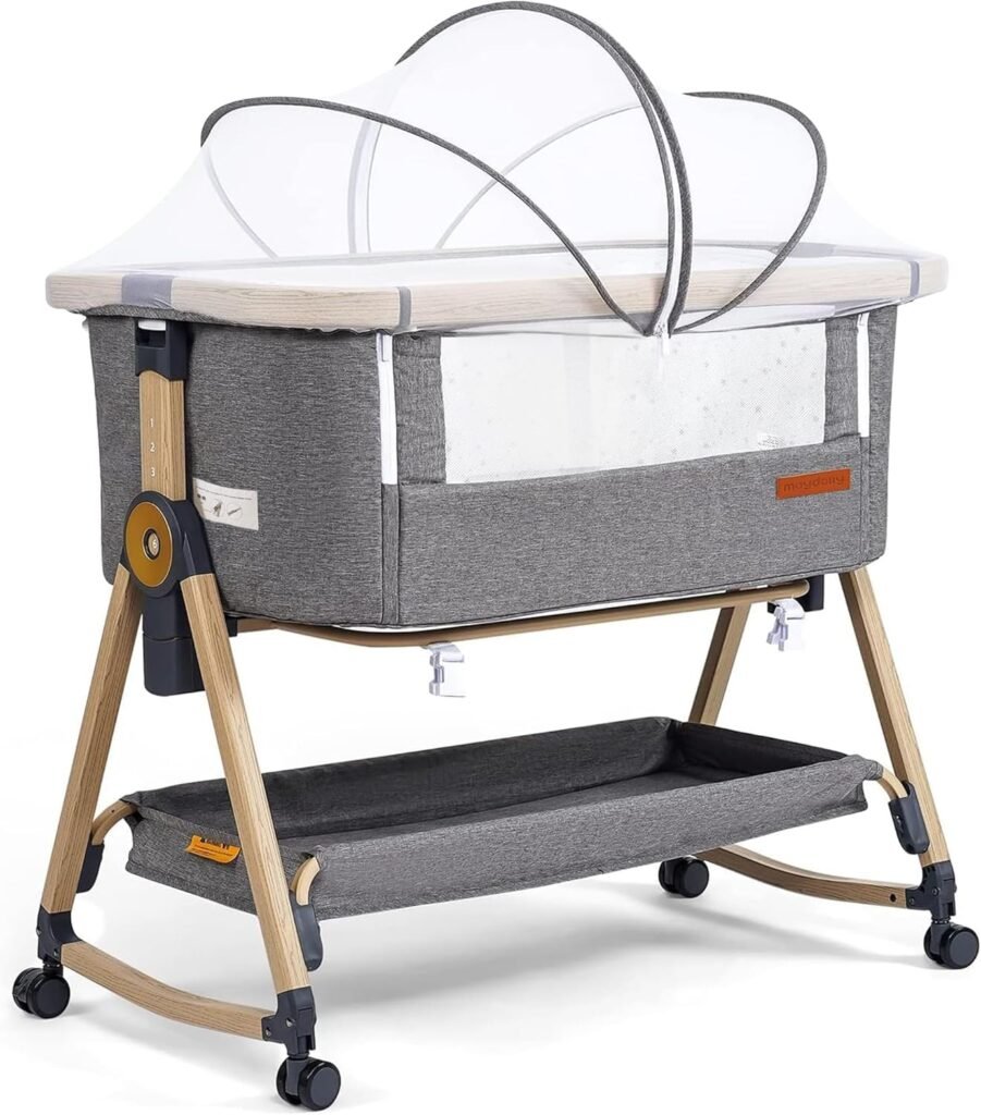 3-in-1 baby wieg grijs - Opvouwbare co-sleeper met verstelbare slaaphoogte, matras en geremde wieltjes