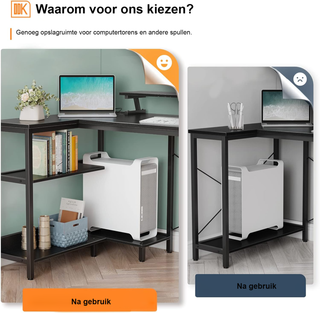 L-vormig hoekbureau zwart met USB oplaadpoort, stopcontact en monitorrek voor kantoor en thuis 120 x 80 x 88 cm