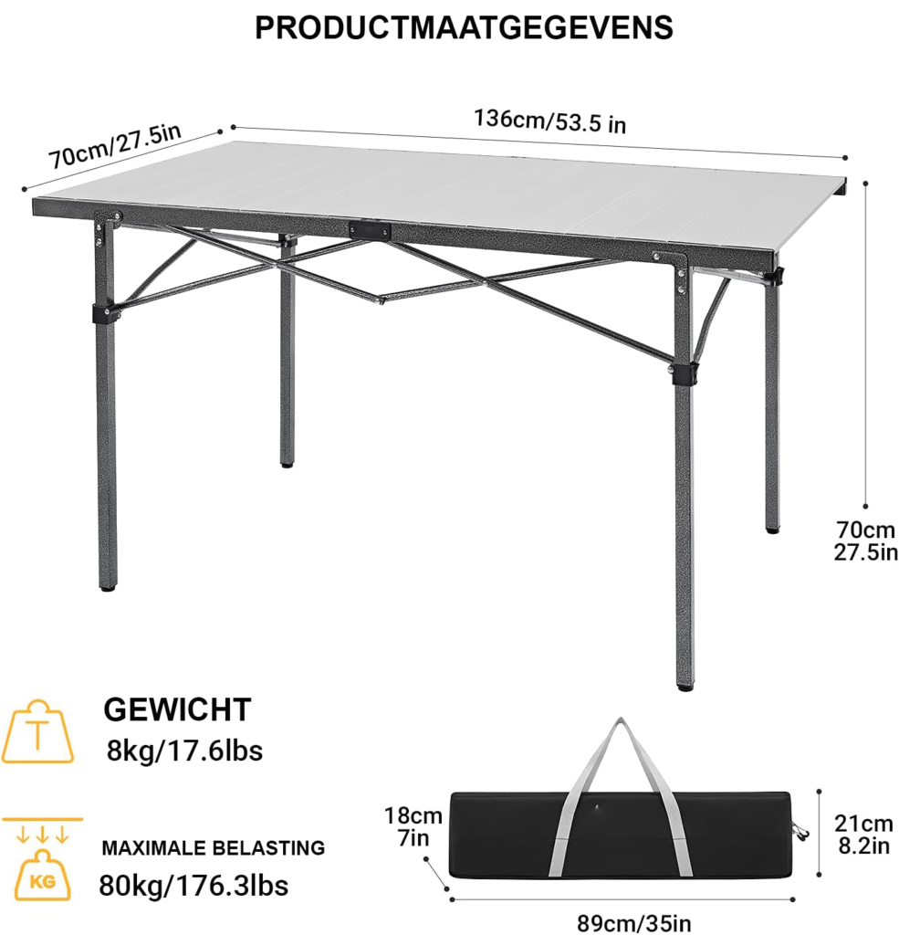 Camping vouwtafel met draagtas voor 4-6 personen, 107x70 cm, 80 kg draagvermogen, inklapbare buitentafel voor kamperen en picknick