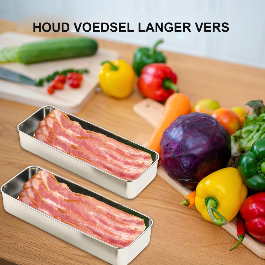 Bacon opslagdoos van roestvrij staal met deksel voor koelkast, luchtdichte vleesopslag container set van 2 stuks