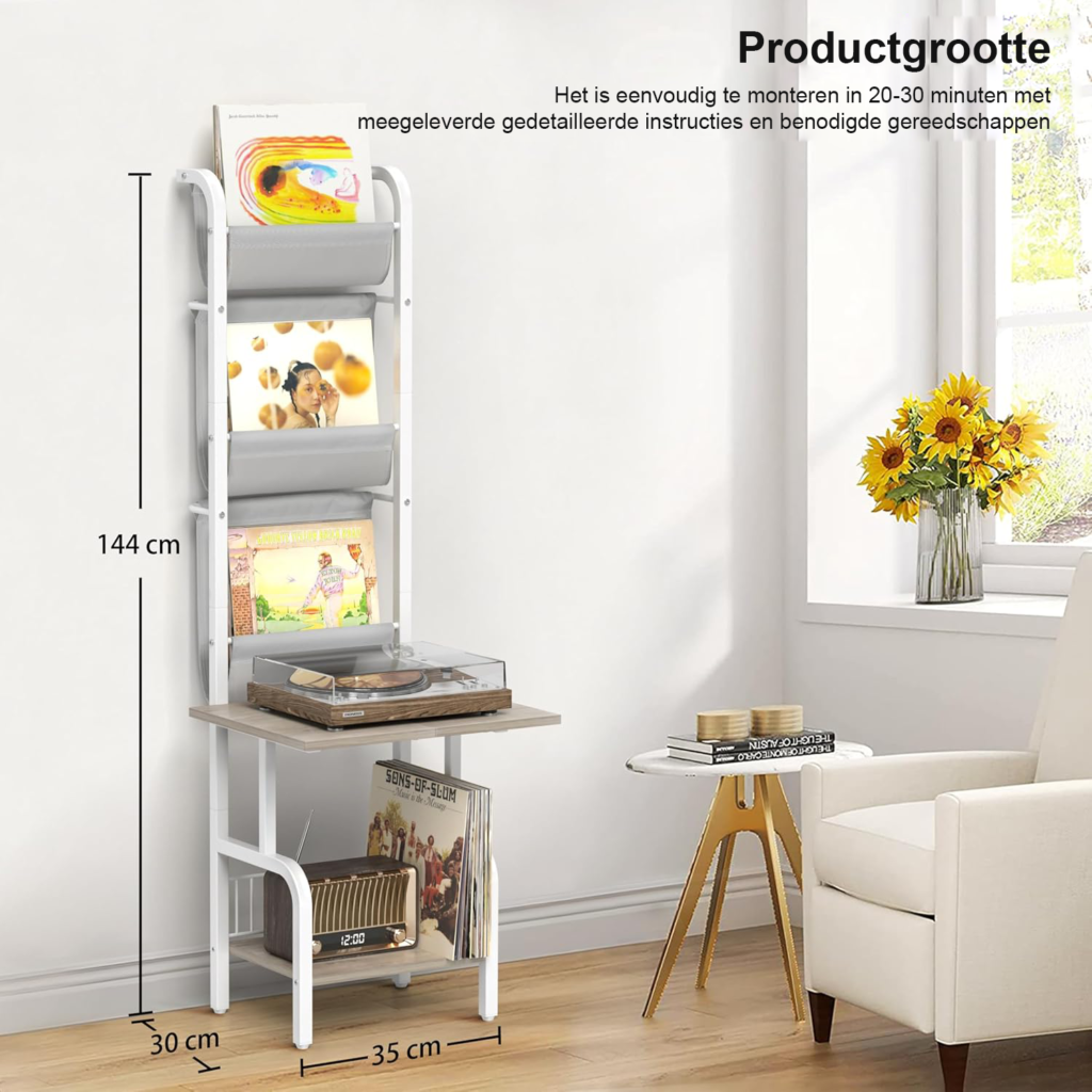 Witte platenspeler standaard met vinyl platenopslag en LP rek voor 200 albums