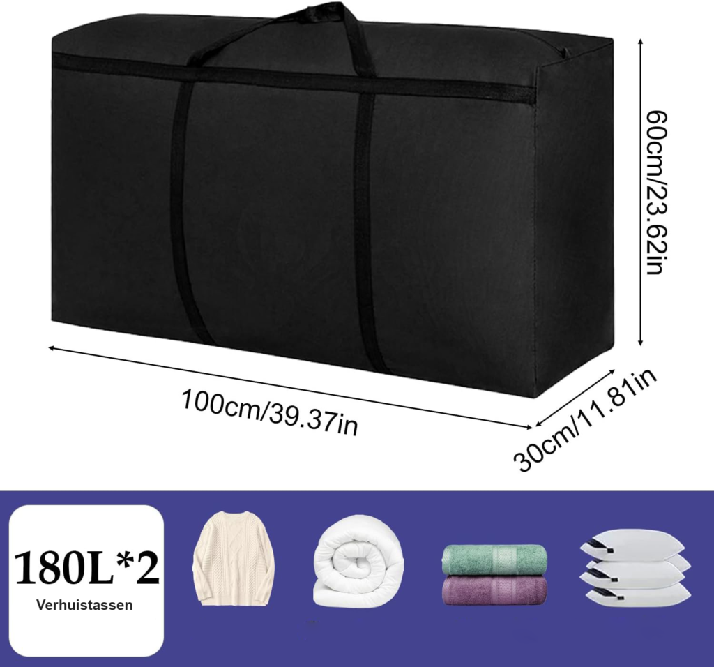 Set van 2 XXL opbergtassen 180L van waterdicht 600D Oxford met rits en handvatten voor kleding, dekbedden en verhuizing