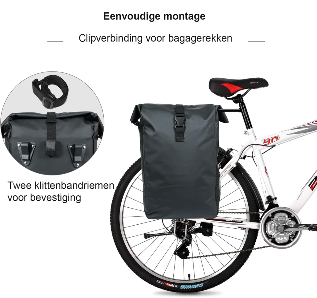 Fietstas voor bagagedrager 20 liter waterdichte achtertas met reflecterende details en draagriem