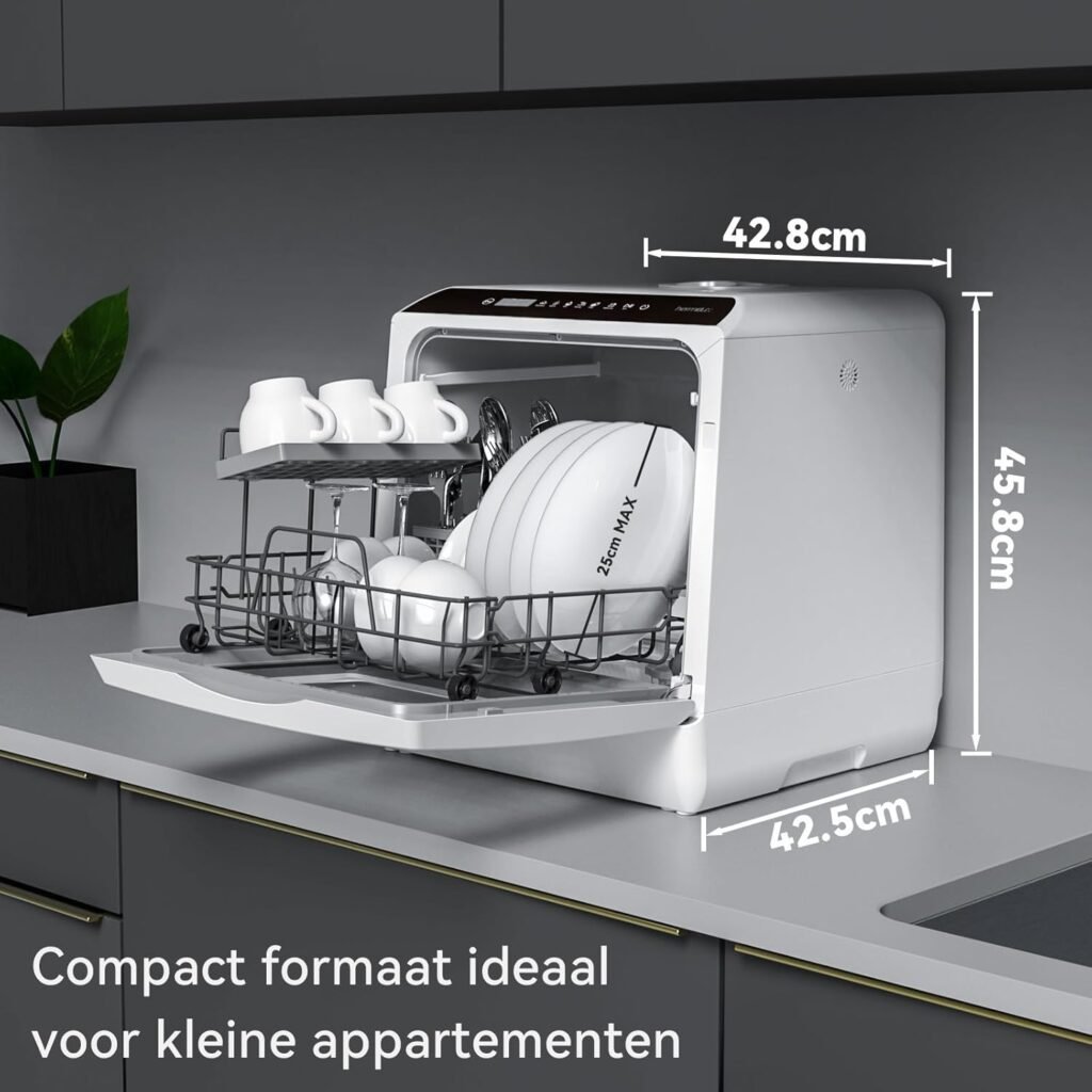 Mini afwasmachine tafelmodel met witte glazen deur voor 4 besteksets en gebruik met of zonder wateraansluiting