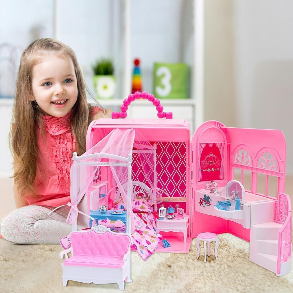 Roze draagbaar poppenhuis met speeltas en prinsessenkamer meubels, opvouwbaar ontwerp voor kinderen