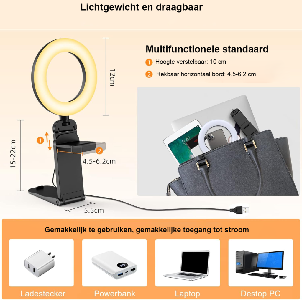 LED ringlamp met statief en telefoonhouder voor video conferentie en streaming met 3 lichtkleuren 10 helderheidsniveaus en 360 graden draaibaar licht