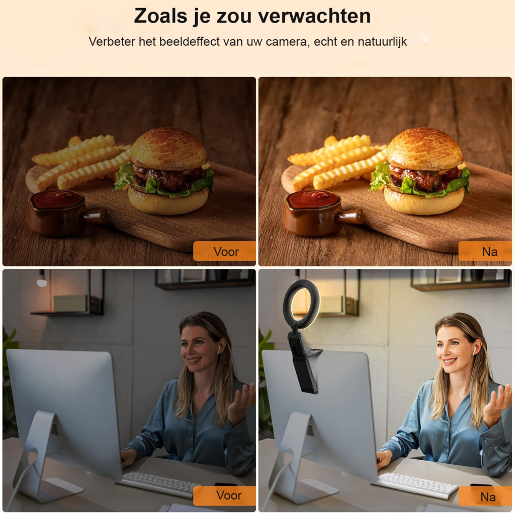 Ringlamp met Statief - Videoconferentie Verlichting voor Laptop en Telefoon - 3 Lichtkleuren en 10 Helderheidsniveaus - 360° Draaibaar