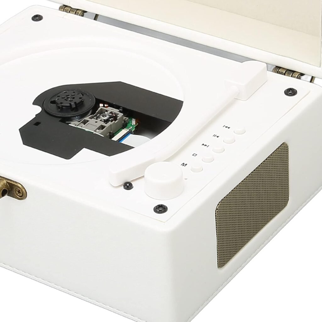 Draagbare CD speler met Bluetooth, oplaadbare batterij en ingebouwde speakers voor muziek luisteren thuis in witte uitvoering