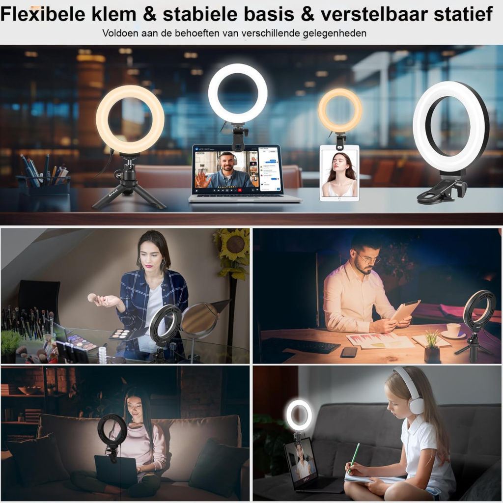 Ring light 6 inch LED video verlichting met clip en statief voor laptop 72 LED 3 lichtkleuren 10 helderheidsniveaus voor streaming en videobellen