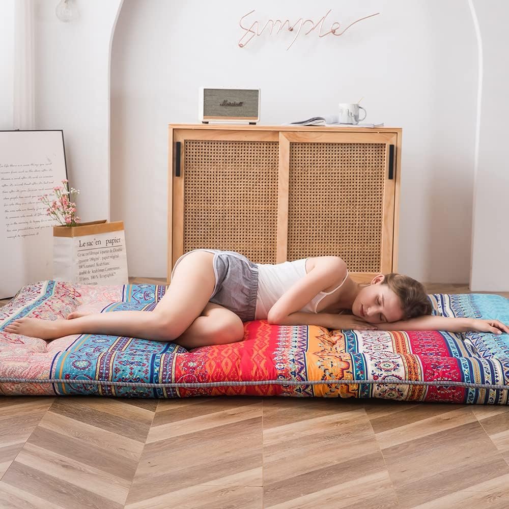Bohemian futon matras 90x190 cm Japanse tatami vloermat met bloemenpatroon opvouwbaar logeerbed dikke slaapmat voor thuis en camping