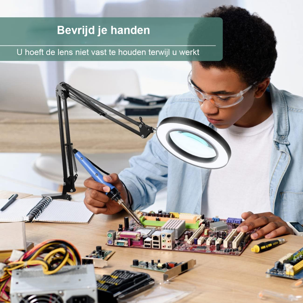 Vergrootglas met verlichting en standaard voor lezen, handwerken en reparaties met 10x vergroting