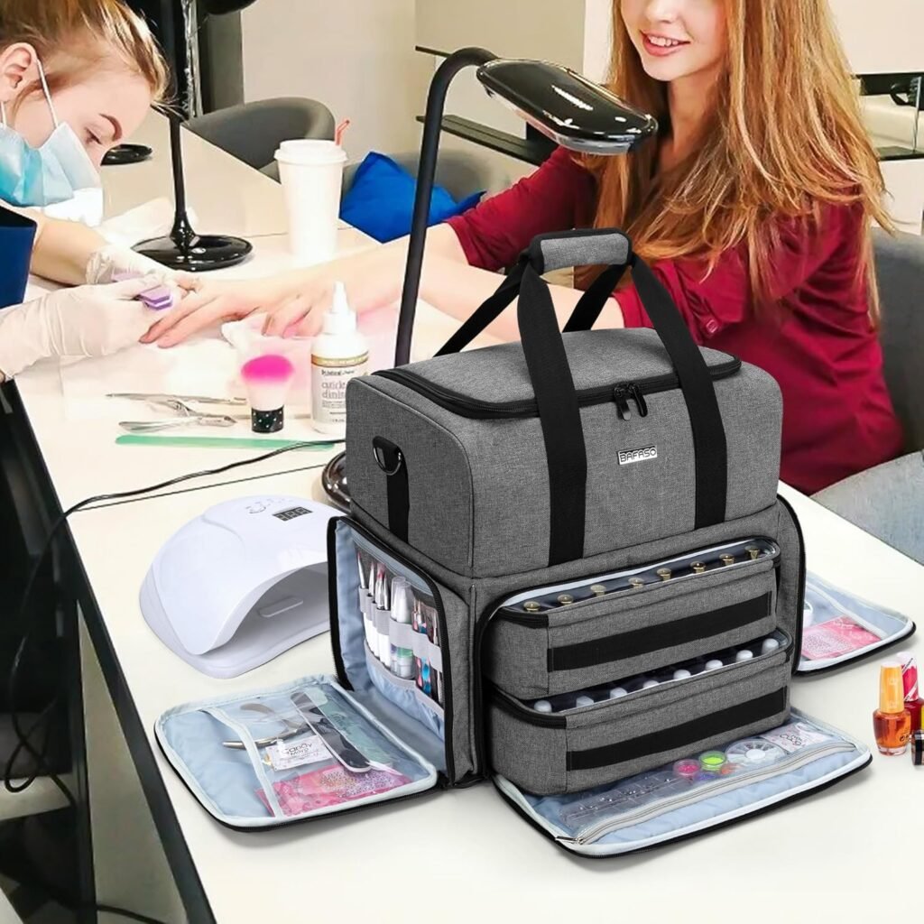 Grijze nagellak organizer tas voor 80 flessen met ruimte voor nageldroger en nagellak accessoires