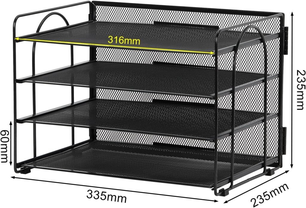 4-laags A4 bureau organizer met mesh opbergrek voor documenten, papieren en tijdschriften in zwart design