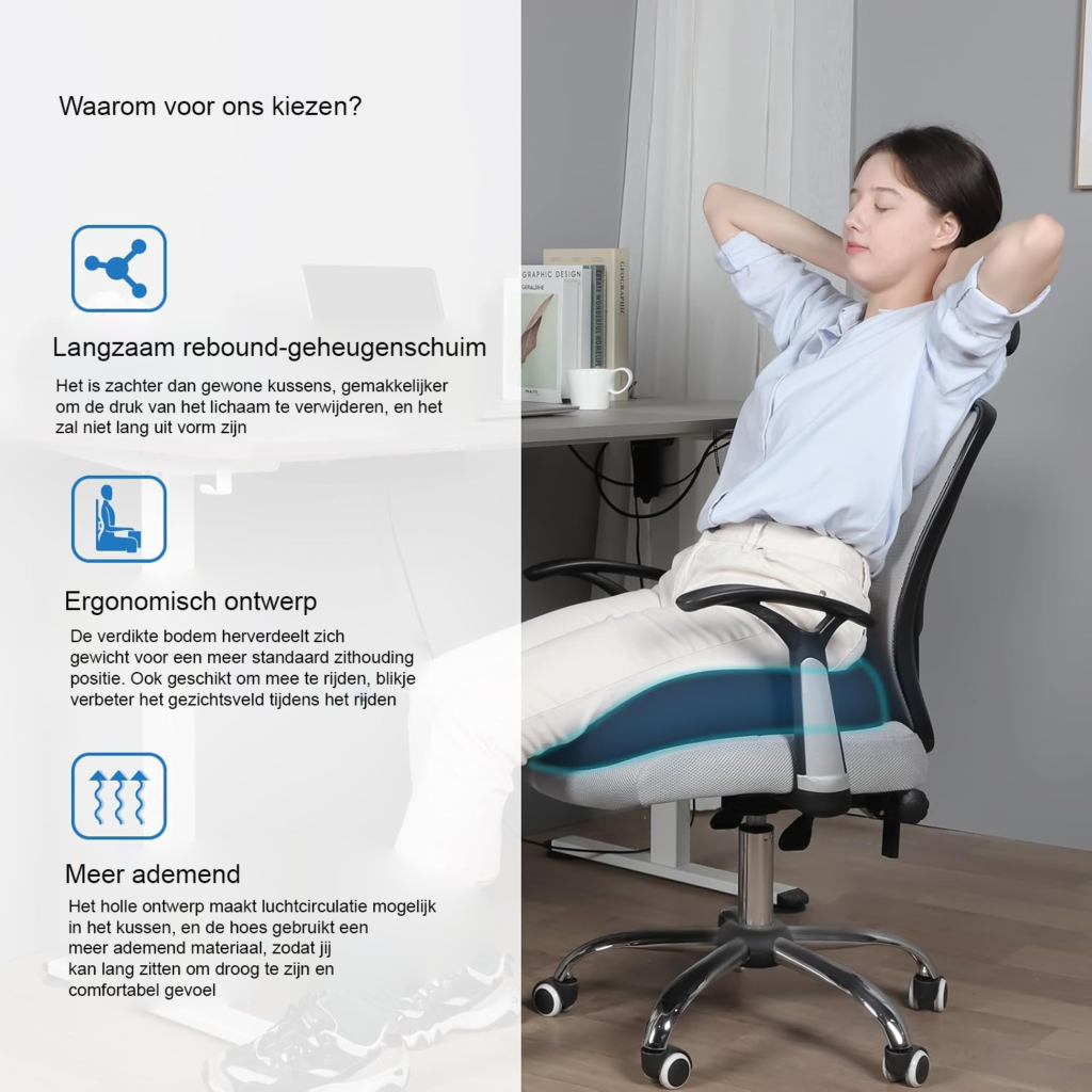 Ergonomisch memory foam zitkussen met coccyx uitsparing voor kantoorstoel, auto en rolstoel, voor drukverlichting en comfortabel langdurig zitten