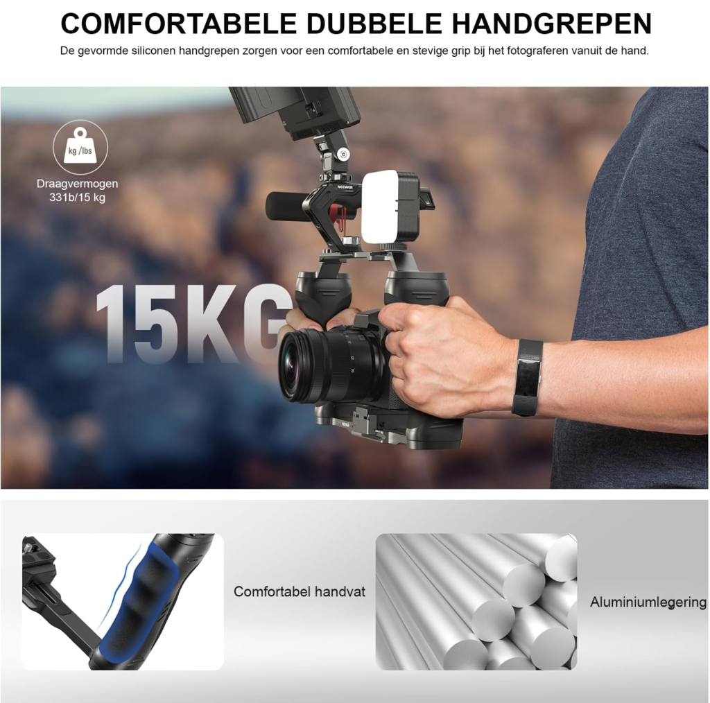 Video camera cage met dubbele handgrepen, Arca quick release plaat en schroefdraad voor DSLR en videocamera’s