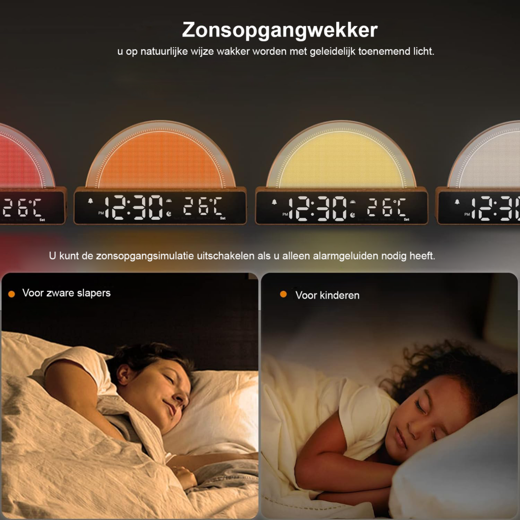 Wekker met licht en dimbare tafel lamp met slaapgeluiden en temperatuurweergave