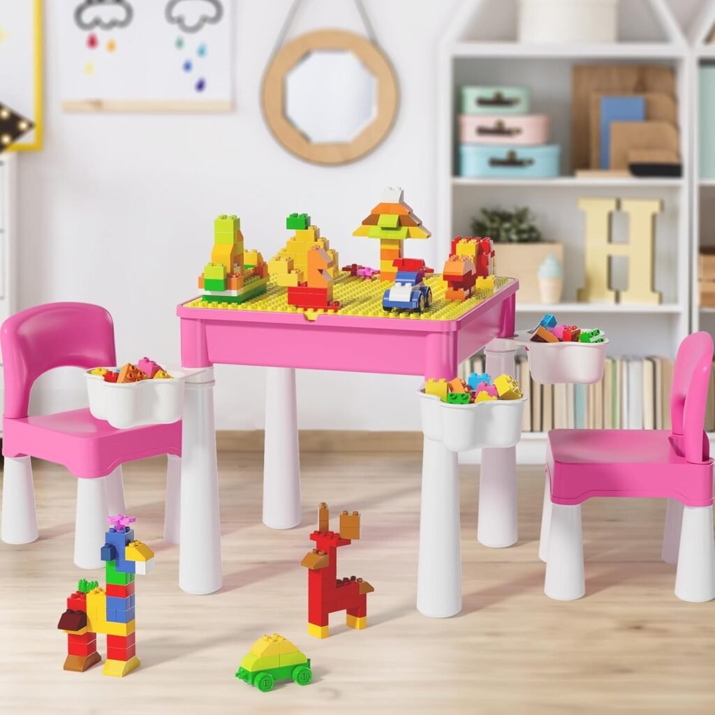 Roze peuter tafel en stoel set met activiteitstafel en 128 creatieve bouwstenen voor kinderen vanaf 2 jaar