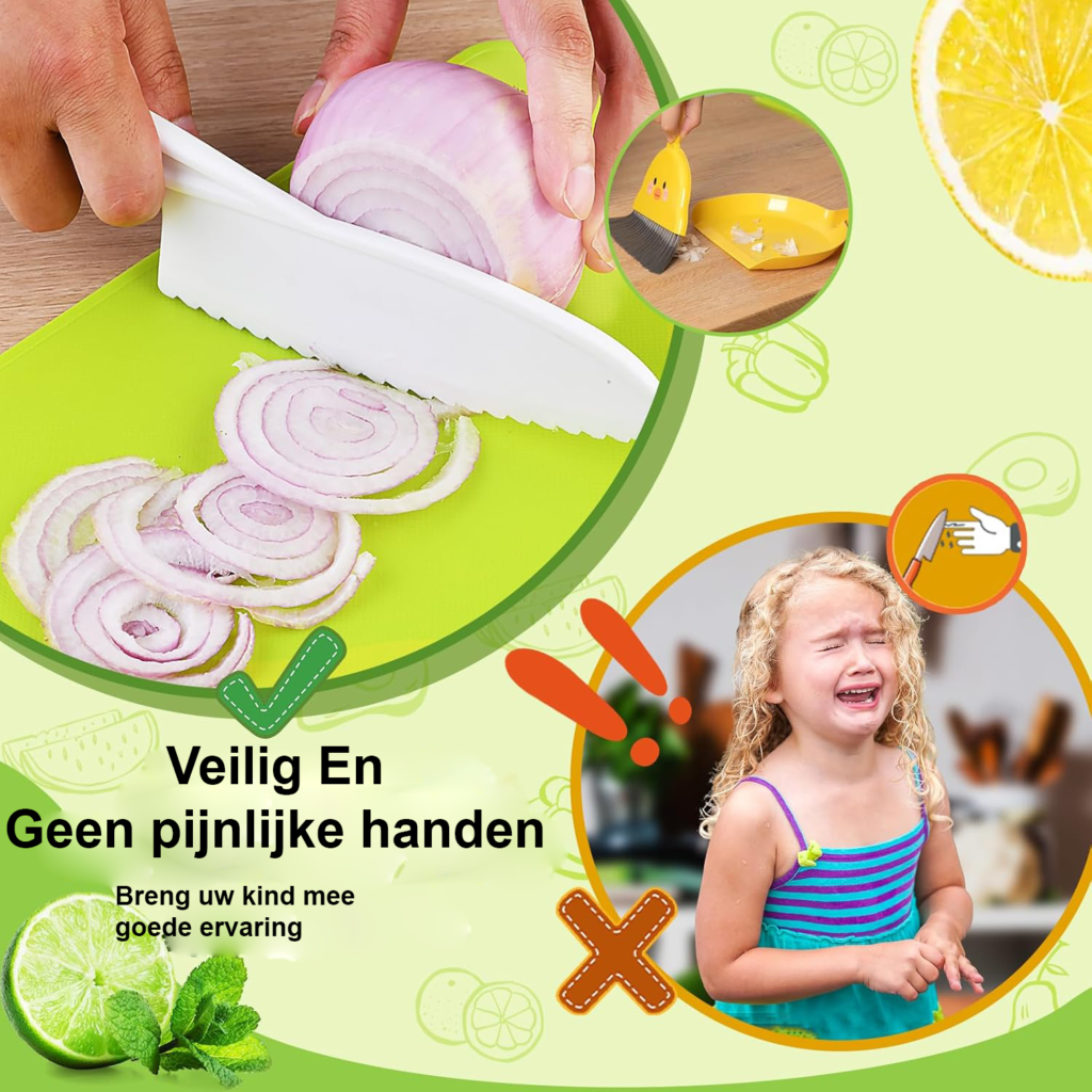 17-delige kinderkoksmes set met veilig keukenmes, houten mes, snijplank en dunschiller voor kinderen in de keuken