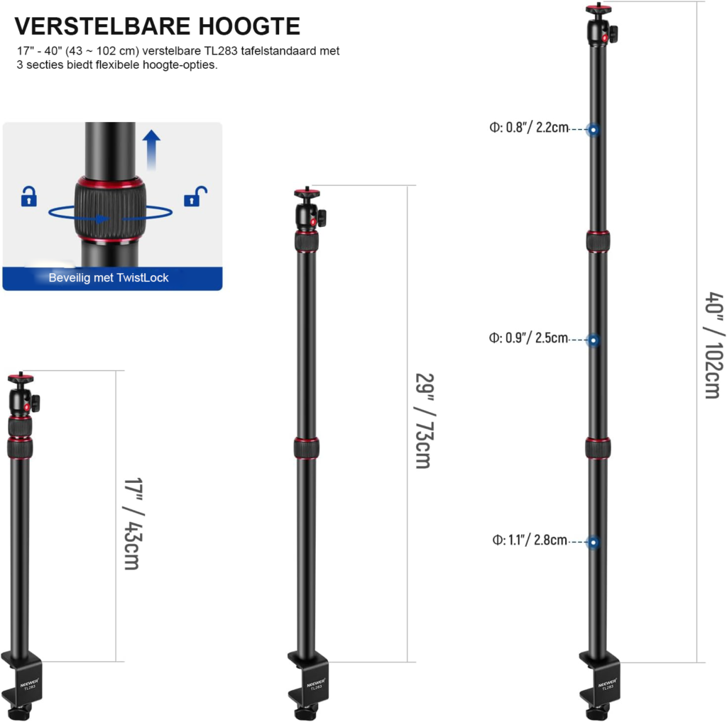 Verstelbaar tafelstatief met telefoonhouder en 360° balhoofd voor camera, webcam en ringlamp