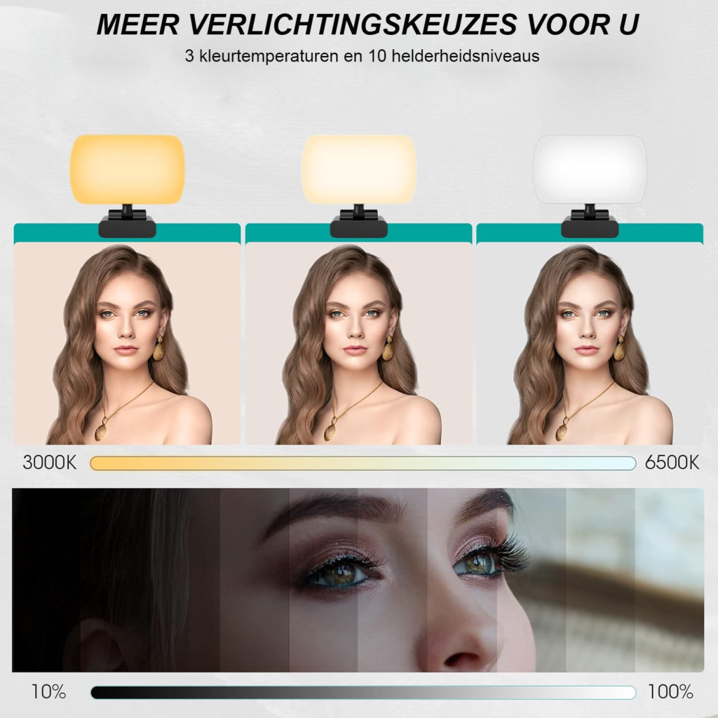 Video conferentie lamp met clip en USB, 120 LED's, 3 lichtkleuren, 10 helderheidsniveaus en 360° draaibare webcam verlichting voor pc, laptop, tablet en smartphone