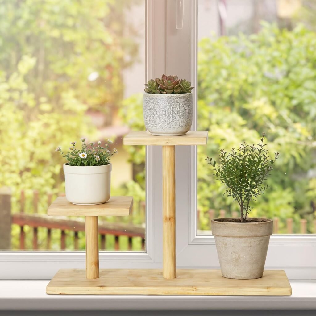 Bamboe plantenrek 3 laags tafelmodel voor succulenten en planten op bureau, balkon, tuin of patio