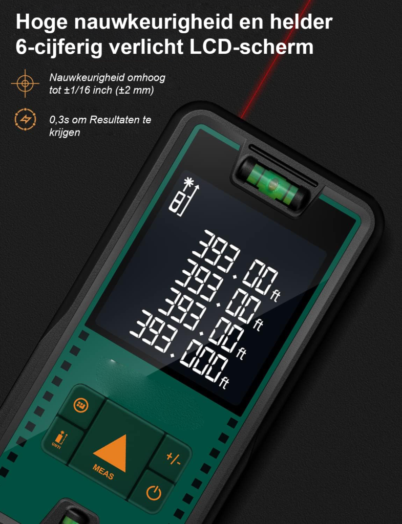 Laserafstandsmeter met LCD scherm 50 meter meetbereik voor afstandsmetingen en oppervlakteberekening