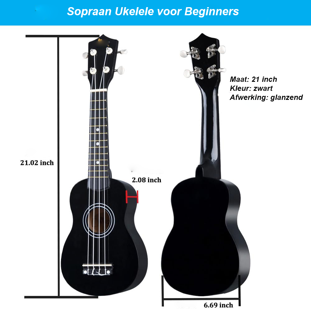 Zwarte sopraan ukelele starterset 21 inch met draagtas en accessoires voor beginners