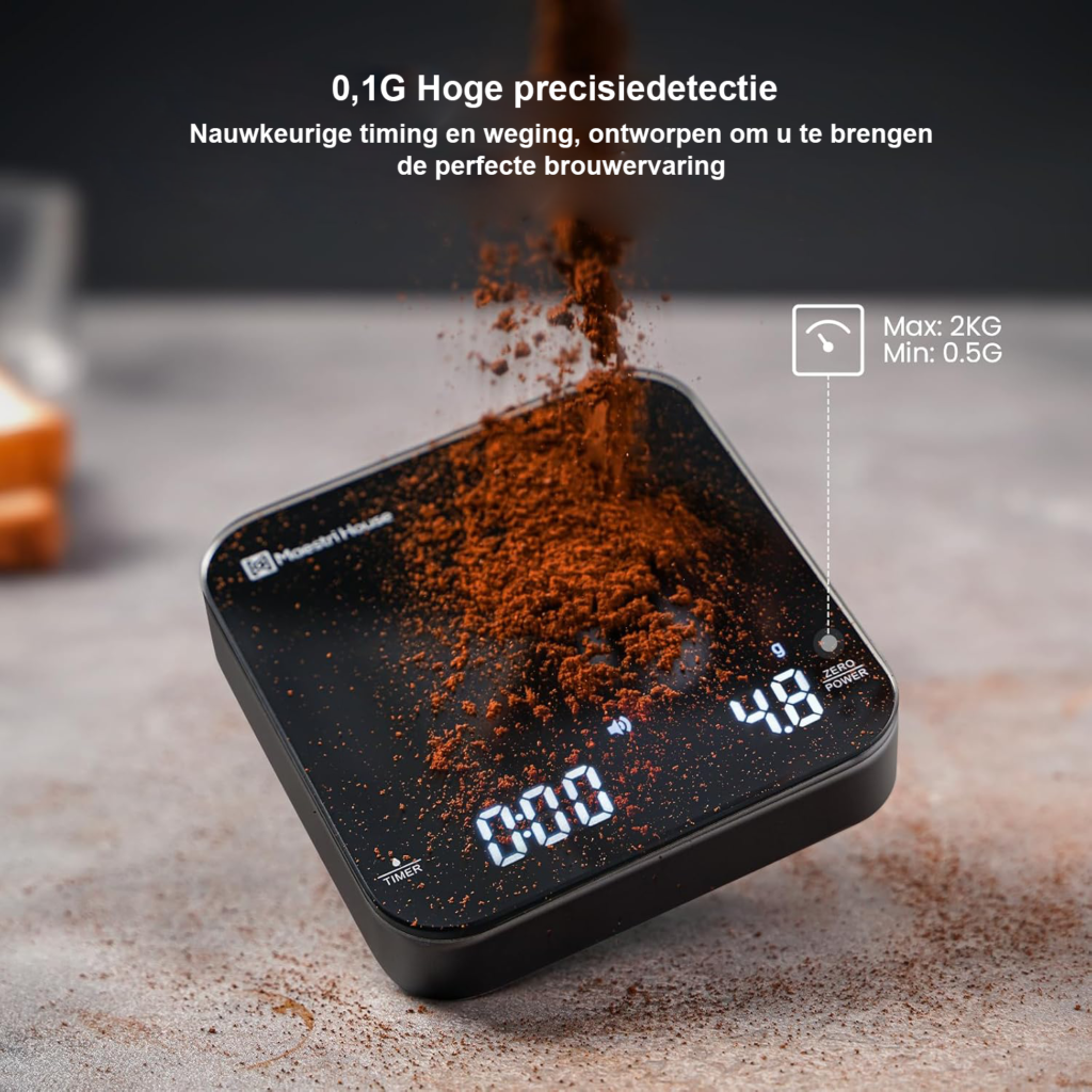 Mini koffieweegschaal met timer, oplaadbare digitale espresso weegschaal voor koffie en pour over tot 2 kg capaciteit