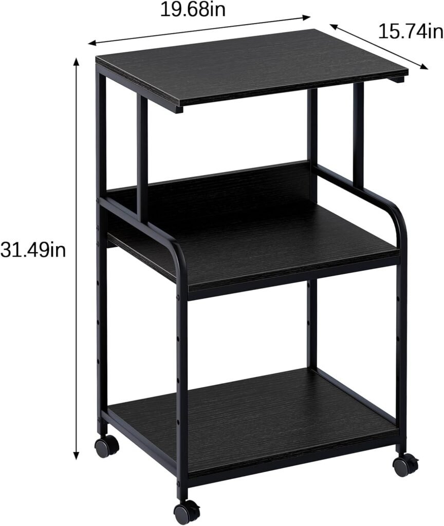 3-laags printerstandaard met wielen zwart 50x40x80 cm voor printer, scanner en kantooropslag