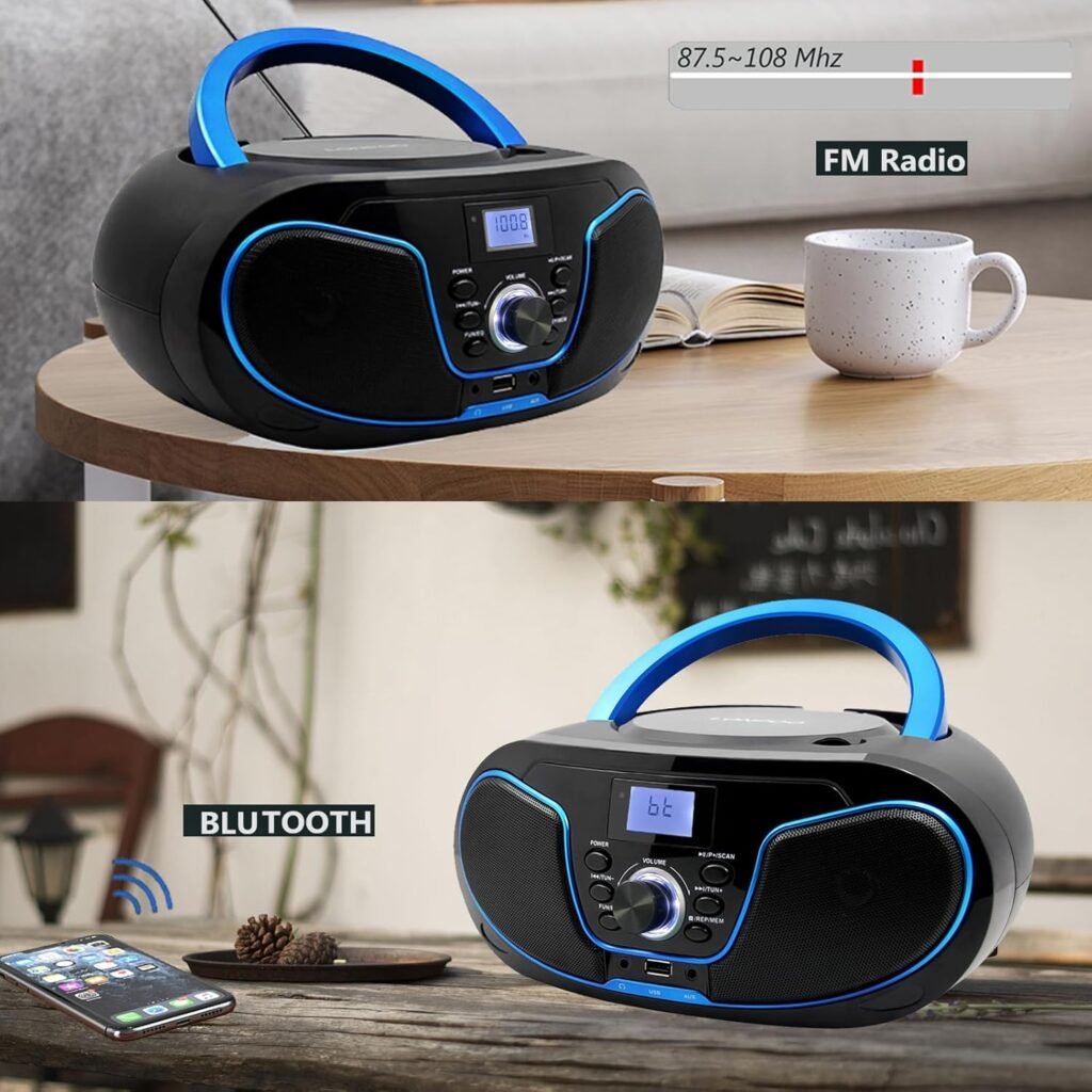 Draagbare CD speler voor kinderen met FM radio, Bluetooth, USB en AUX aansluiting met stereo speakers