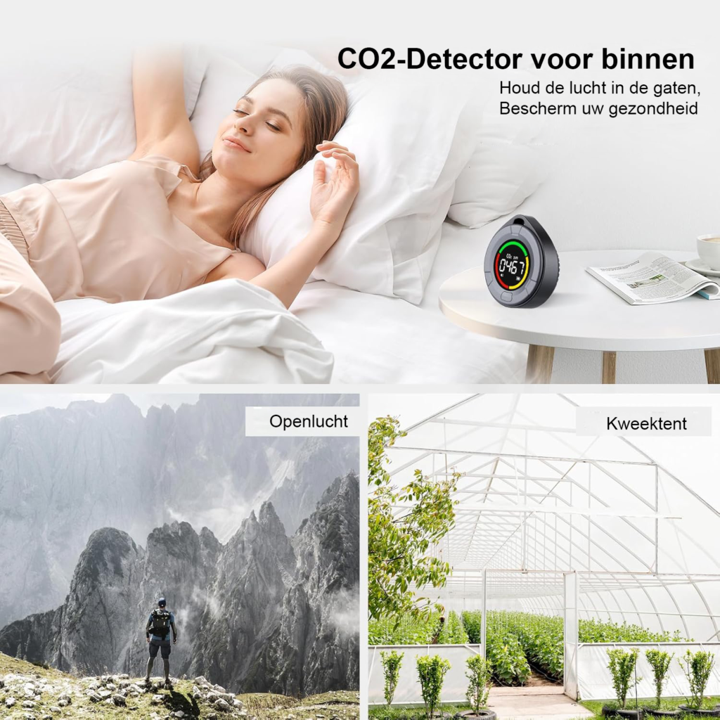 Draagbare CO2 meter met LCD display, kleurindicator en alarm voor luchtkwaliteitsmeting binnenshuis