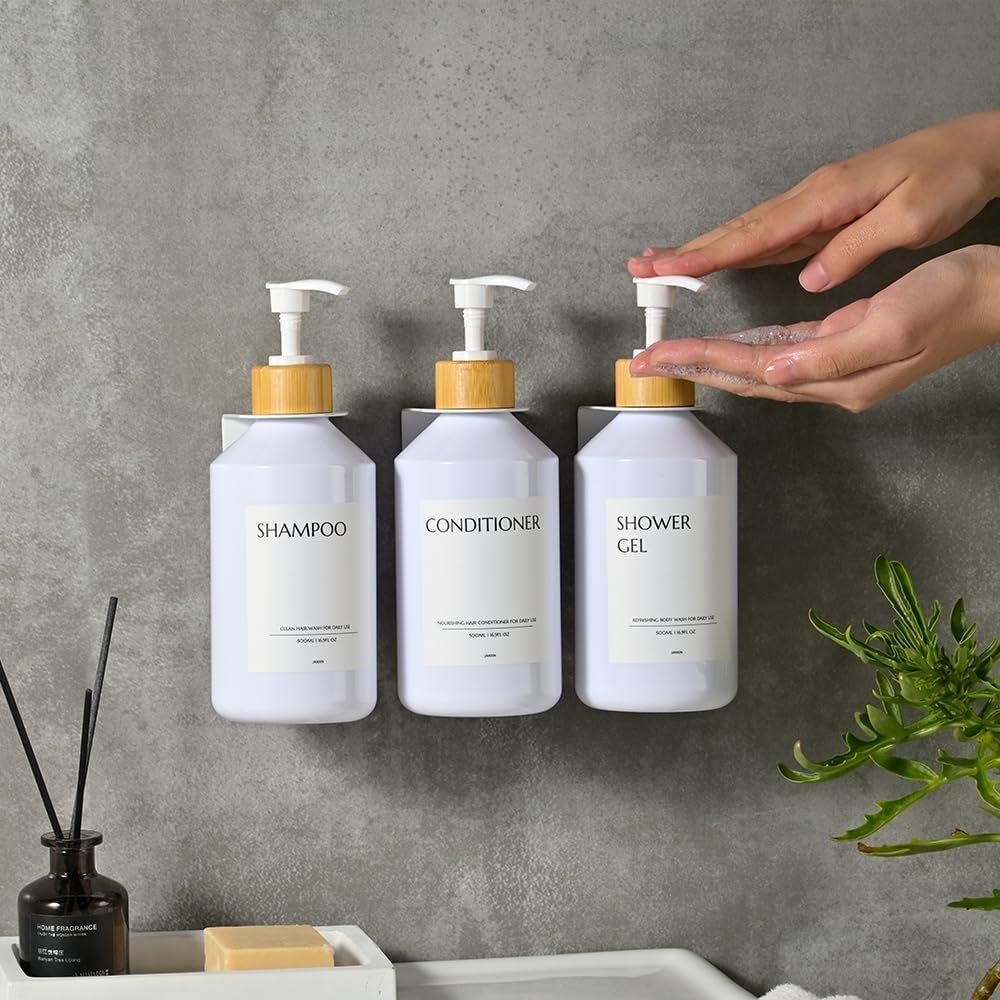 Witte zeepdispenser set van 3 met bamboe houder voor wandmontage zonder boren, 500 ml voor keuken en badkamer